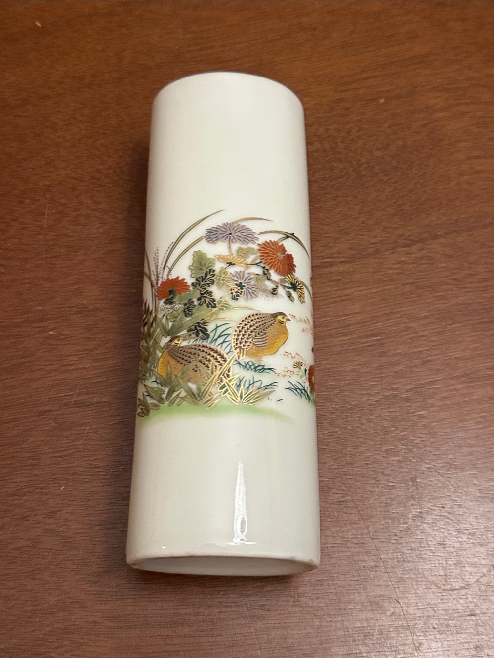 Otagiri Ivory Porcelain Bud Vase with Hand-Painted Quail and Floral Scene